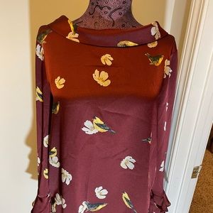 Zara Floral/Bird Print Blouse Flutter Sleeve Funnel Neck so cute! Sz large